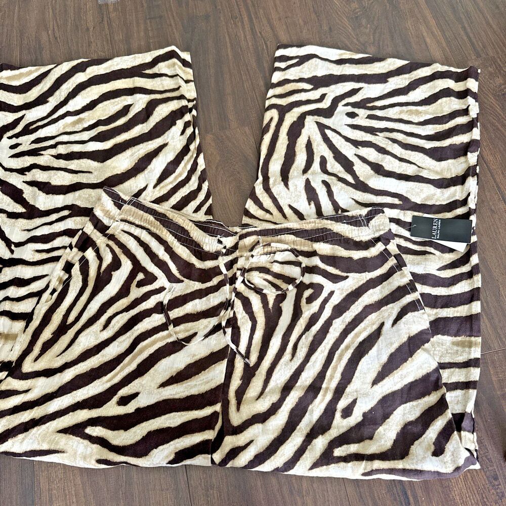 Lauren Ralph Lauren Women's Zebra-Print Linen Wide-Leg Pants Cream Brown XXL - Picture 10 of 13